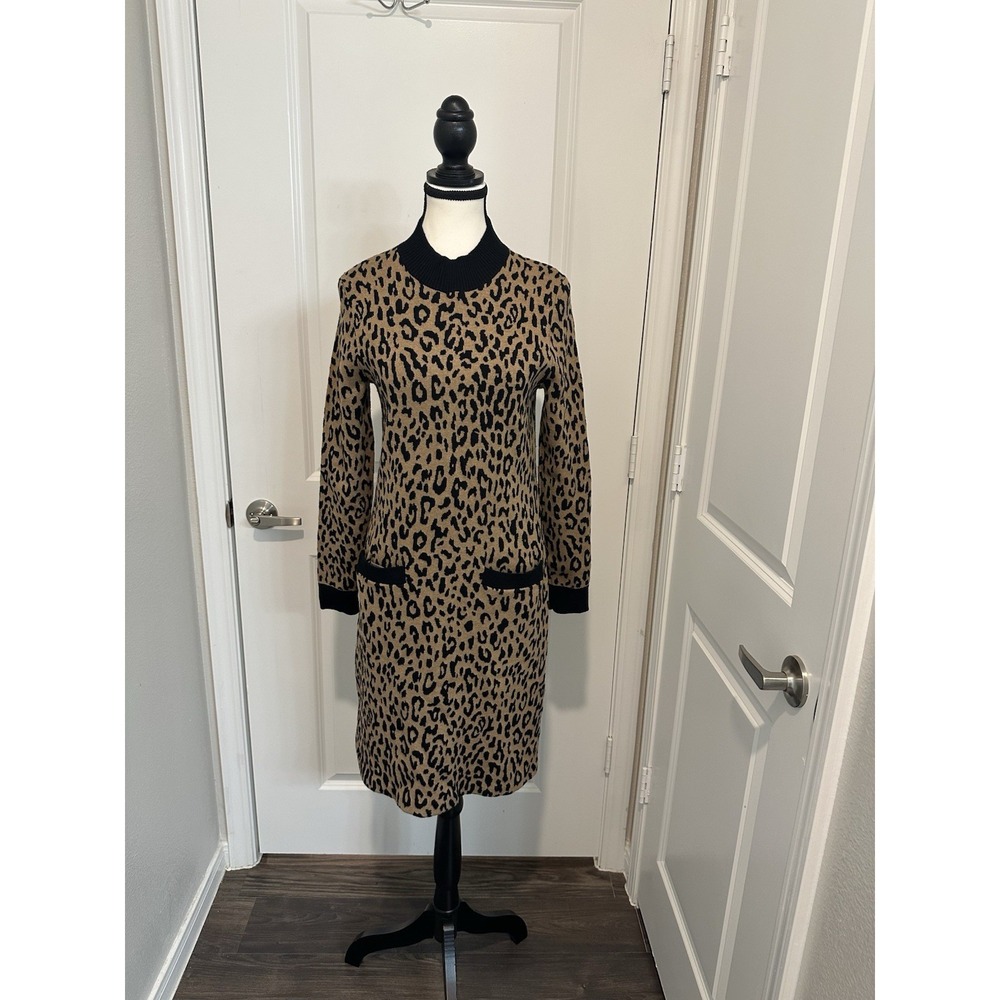 J.Crew Leopard Print Merino Wool Blend Mock Neck Midi‎ Sweater Dress Size Small